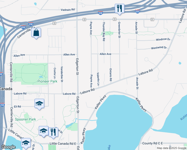 map of restaurants, bars, coffee shops, grocery stores, and more near 2901 Valento Lane in Little Canada