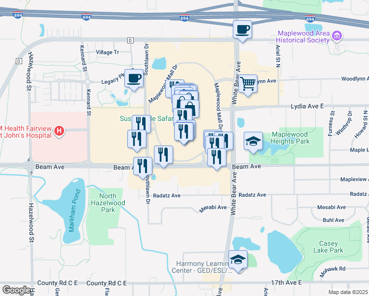 map of restaurants, bars, coffee shops, grocery stores, and more near 1955 Prosperity Road in Maplewood
