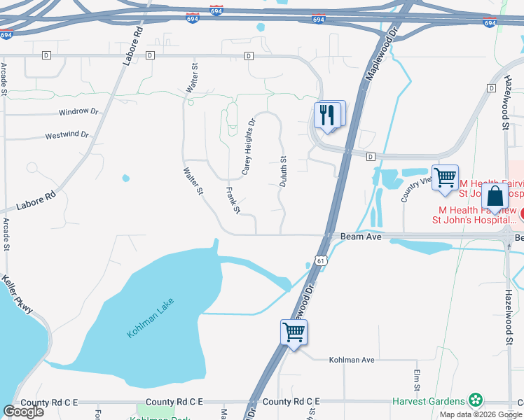 map of restaurants, bars, coffee shops, grocery stores, and more near 2900 Frank Street in Saint Paul