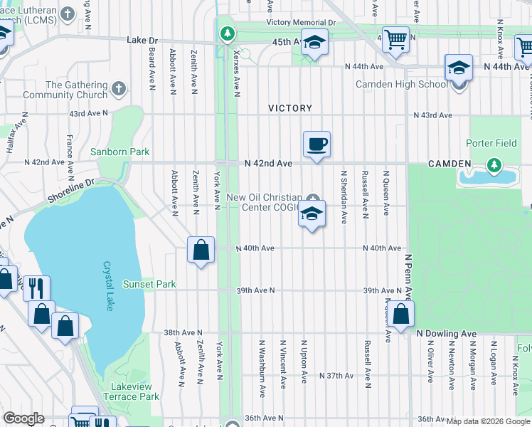 map of restaurants, bars, coffee shops, grocery stores, and more near 4019 North Vincent Avenue in Minneapolis