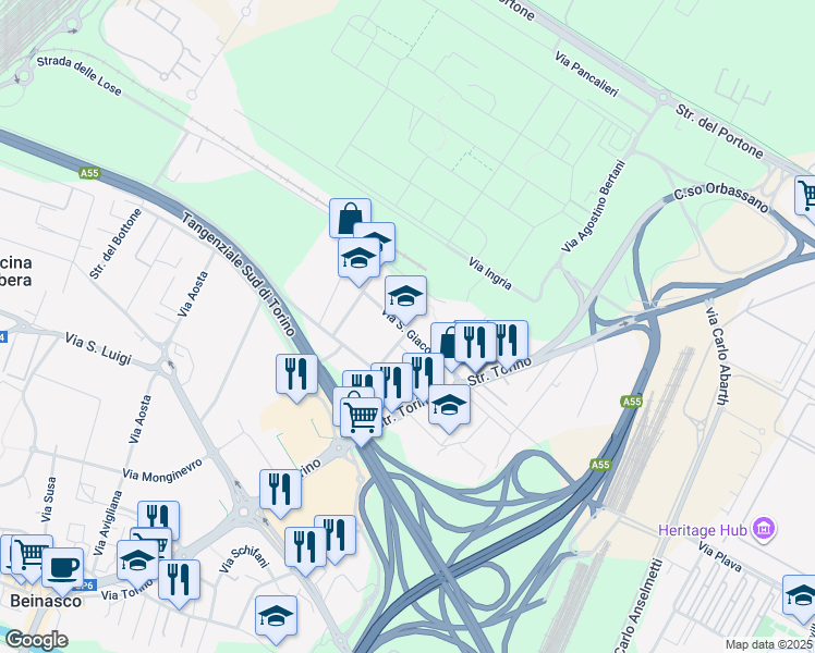map of restaurants, bars, coffee shops, grocery stores, and more near Via Giacomo Puccini in Beinasco