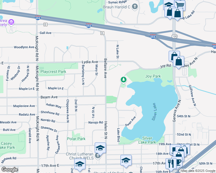 map of restaurants, bars, coffee shops, grocery stores, and more near 2880 Helen Street North in North Saint Paul