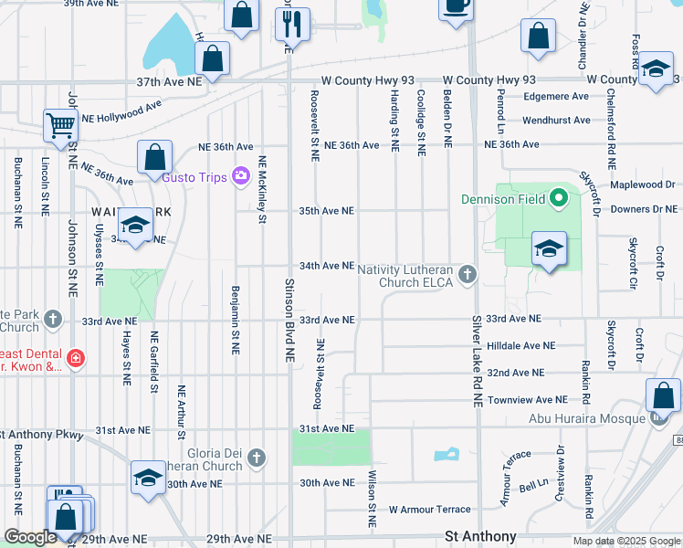 map of restaurants, bars, coffee shops, grocery stores, and more near 3405 Roosevelt Street Northeast in Minneapolis