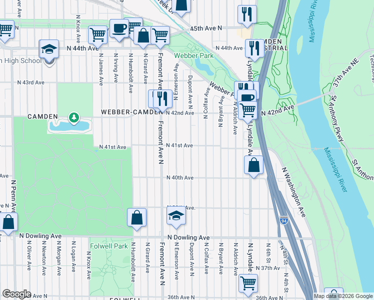 map of restaurants, bars, coffee shops, grocery stores, and more near 4047 North Dupont Avenue in Minneapolis