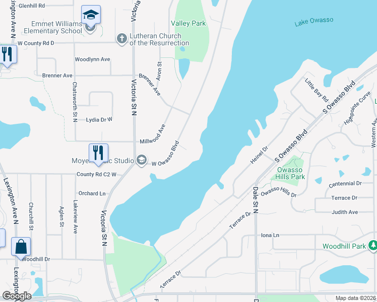map of restaurants, bars, coffee shops, grocery stores, and more near 2968 West Owasso Boulevard in Roseville