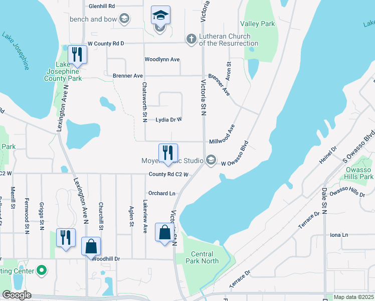 map of restaurants, bars, coffee shops, grocery stores, and more near 899 Millwood Avenue in Roseville