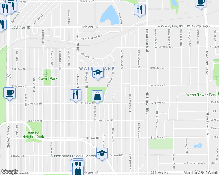 map of restaurants, bars, coffee shops, grocery stores, and more near 3359 Northeast Garfield Street in Minneapolis
