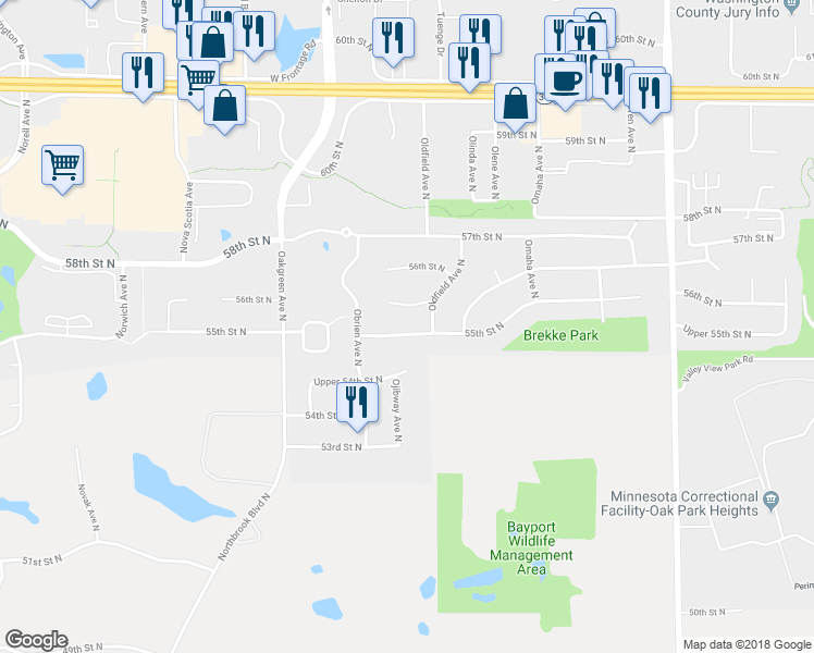 map of restaurants, bars, coffee shops, grocery stores, and more near 14250 55th Street North in Stillwater