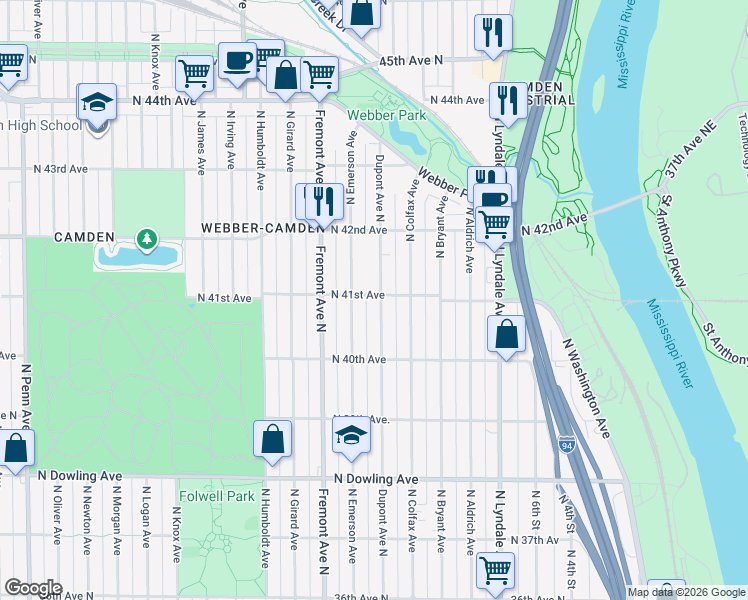 map of restaurants, bars, coffee shops, grocery stores, and more near 4119 North Dupont Avenue in Minneapolis
