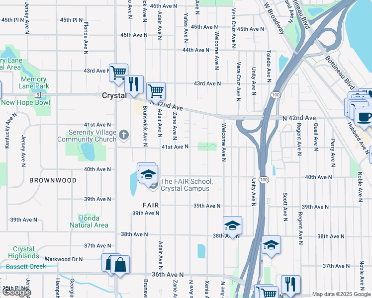 map of restaurants, bars, coffee shops, grocery stores, and more near 4111 Yates Avenue North in Minneapolis