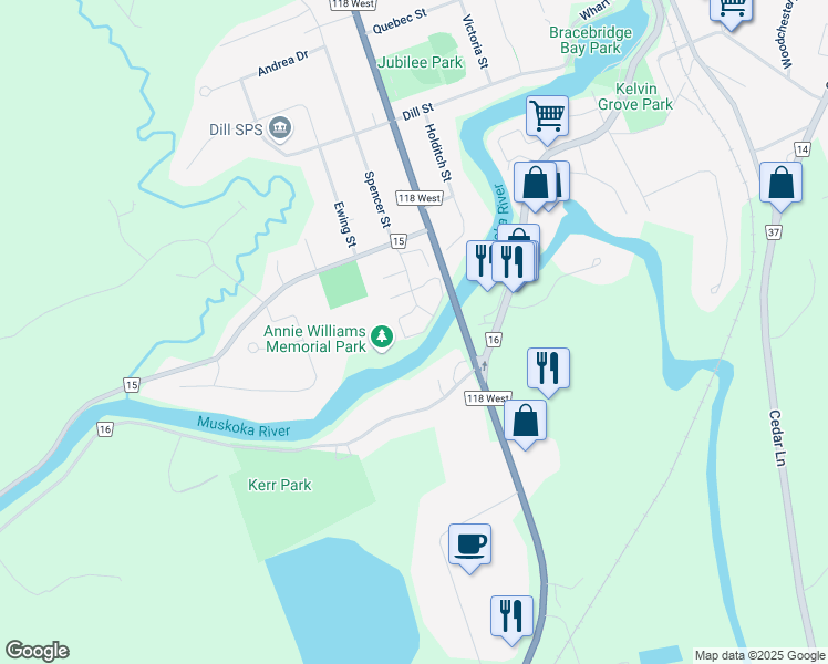 map of restaurants, bars, coffee shops, grocery stores, and more near 5 Kent Crescent in Bracebridge