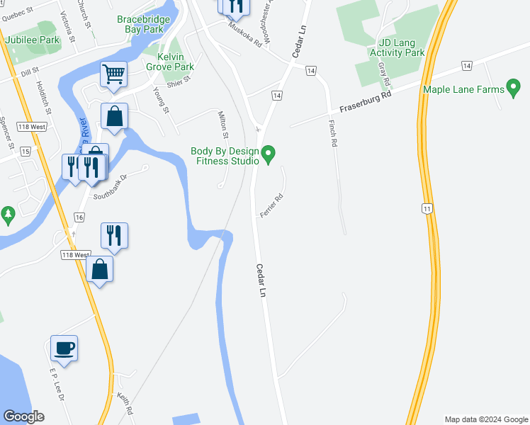 map of restaurants, bars, coffee shops, grocery stores, and more near 4 Ferrier Road in Bracebridge