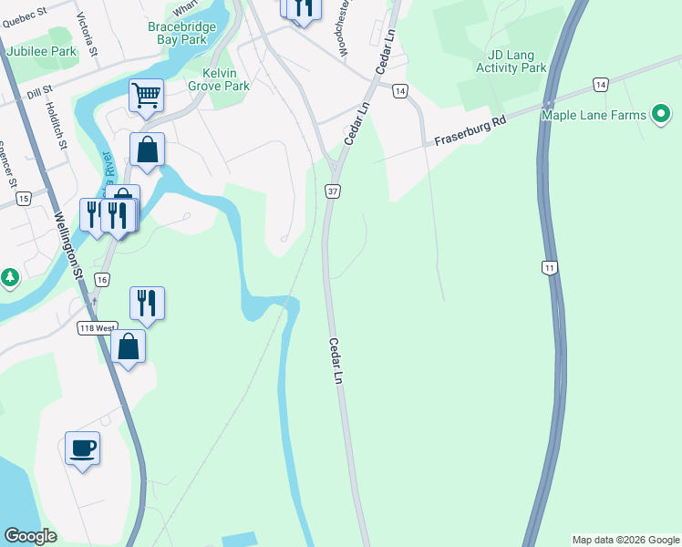 map of restaurants, bars, coffee shops, grocery stores, and more near 4 Ferrier Road in Bracebridge