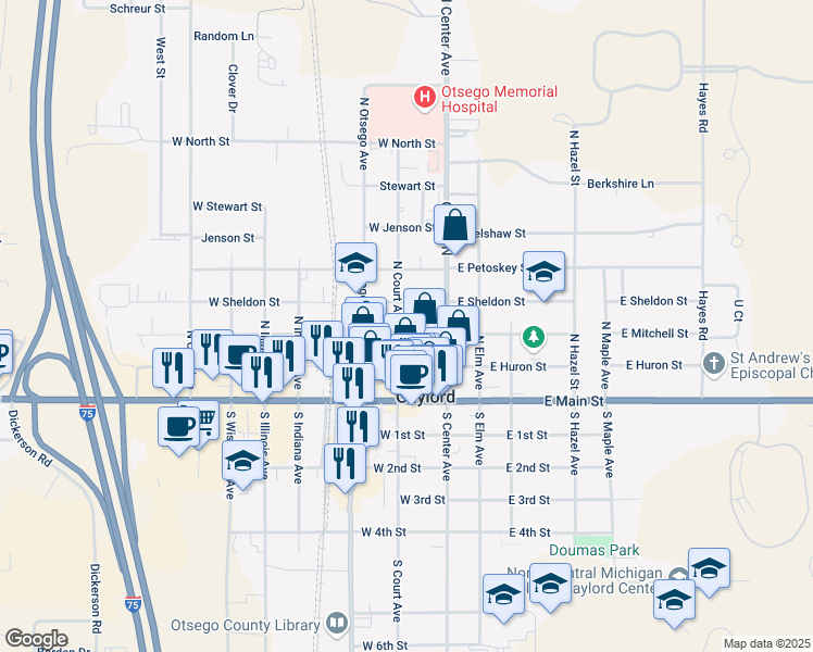map of restaurants, bars, coffee shops, grocery stores, and more near 131-141 West Sheldon Street in Gaylord