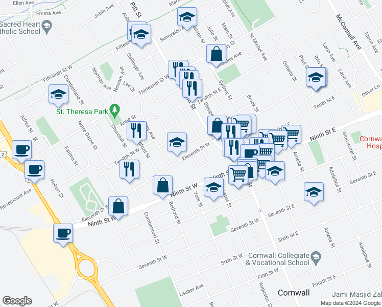 map of restaurants, bars, coffee shops, grocery stores, and more near 120 Eleventh Street West in Cornwall