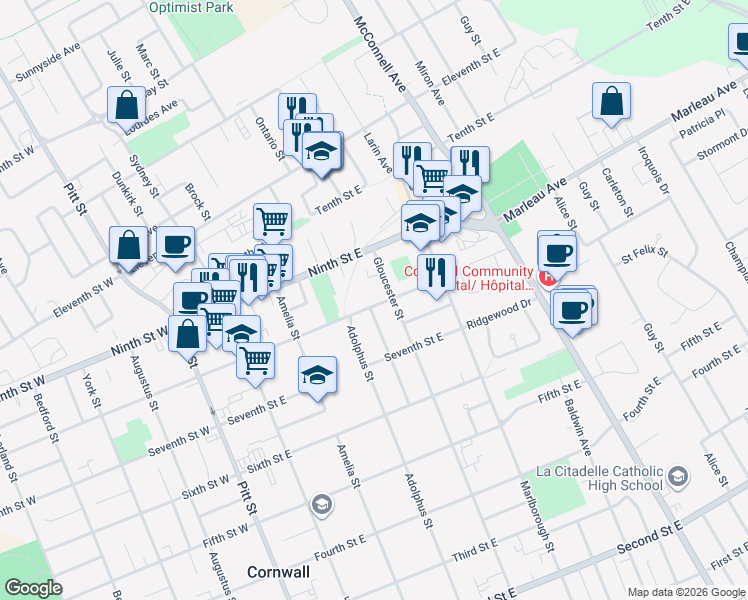 map of restaurants, bars, coffee shops, grocery stores, and more near in Cornwall