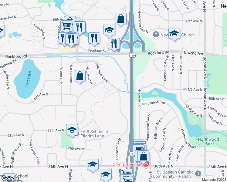 map of restaurants, bars, coffee shops, grocery stores, and more near 4005 Lancaster Lane North in Plymouth