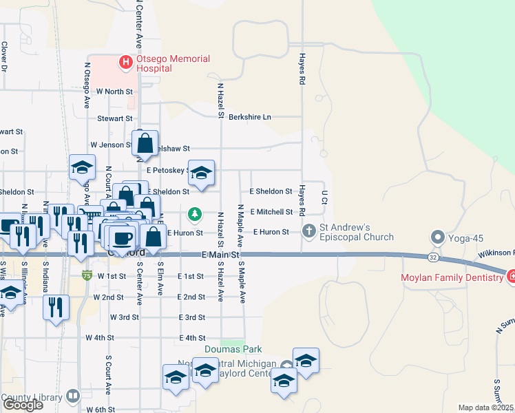 map of restaurants, bars, coffee shops, grocery stores, and more near 500-574 E Sheldon St in Gaylord