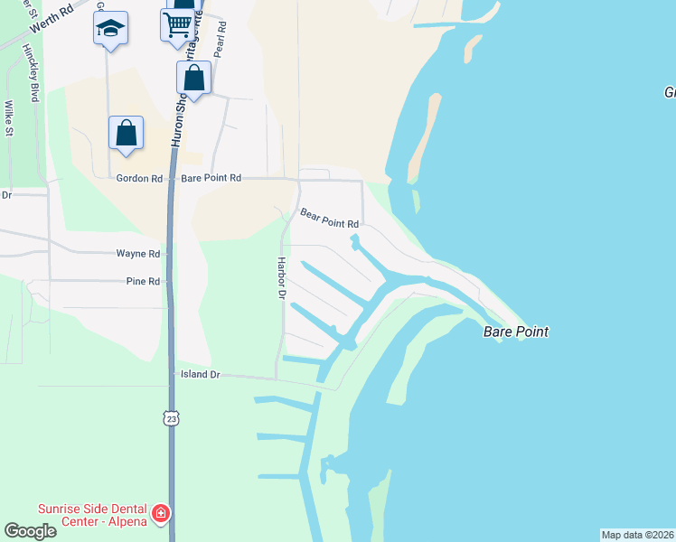 map of restaurants, bars, coffee shops, grocery stores, and more near 109 Channel Road 1 in Alpena