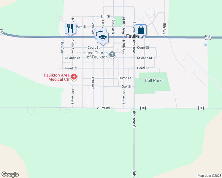 map of restaurants, bars, coffee shops, grocery stores, and more near 1015 Oak Street in Faulkton