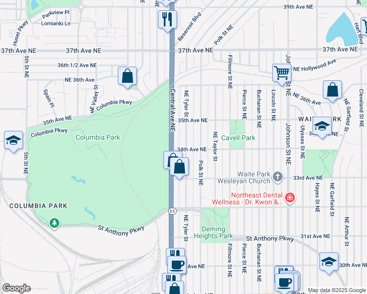 map of restaurants, bars, coffee shops, grocery stores, and more near 3419 Northeast Tyler Street in Minneapolis