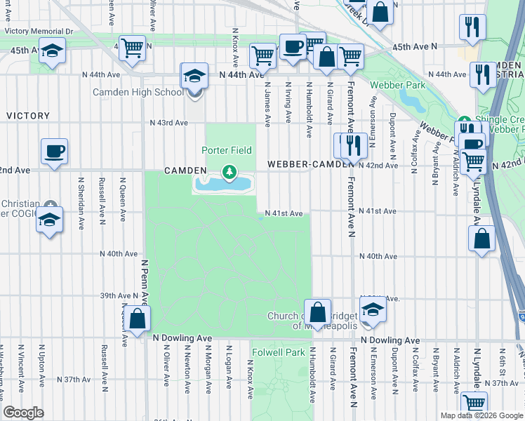 map of restaurants, bars, coffee shops, grocery stores, and more near 4119 North James Avenue in Minneapolis