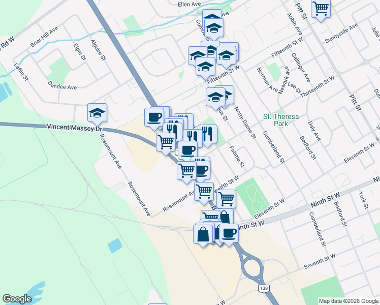 map of restaurants, bars, coffee shops, grocery stores, and more near 542 Henry Street in Cornwall