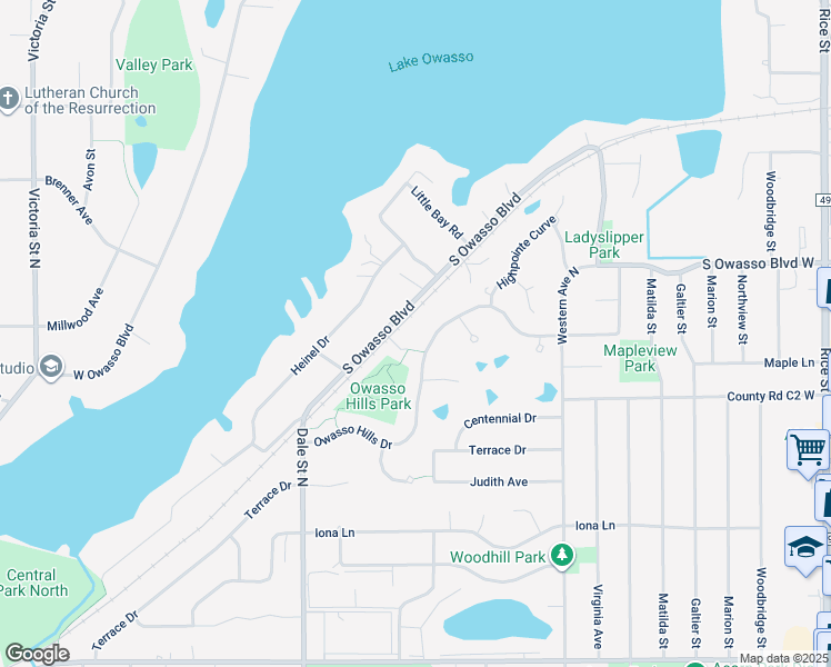 map of restaurants, bars, coffee shops, grocery stores, and more near 487 Owasso Hills Drive in Roseville