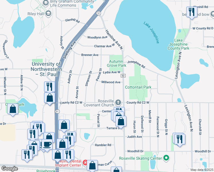 map of restaurants, bars, coffee shops, grocery stores, and more near 2943 Sheldon Street in Roseville