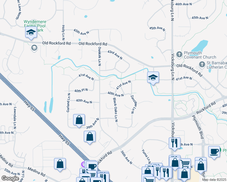 map of restaurants, bars, coffee shops, grocery stores, and more near 4117 Black Oaks Lane North in Plymouth