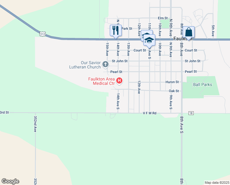 map of restaurants, bars, coffee shops, grocery stores, and more near 1300 Oak Street in Faulkton