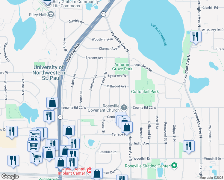 map of restaurants, bars, coffee shops, grocery stores, and more near 2943 Sheldon Street in Roseville