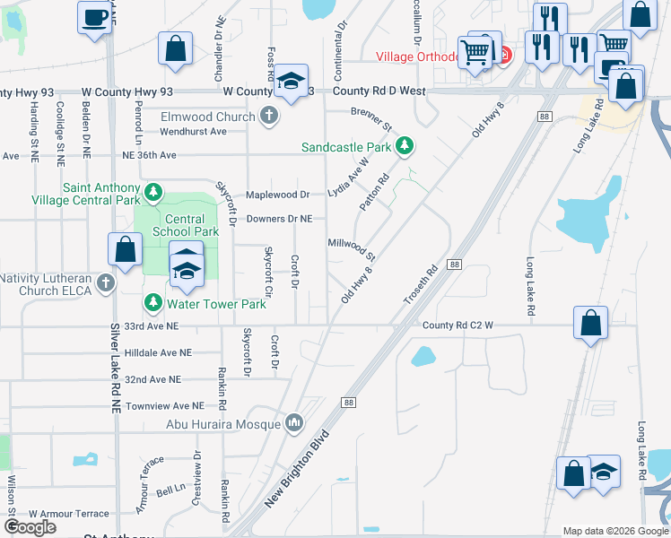 map of restaurants, bars, coffee shops, grocery stores, and more near 2950 Highcrest Road in Roseville