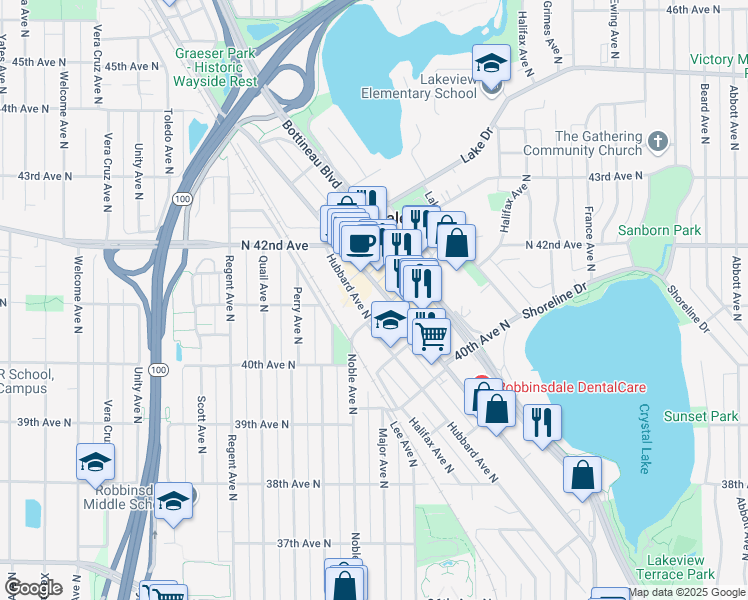 map of restaurants, bars, coffee shops, grocery stores, and more near 4100 West Broadway Avenue in Robbinsdale