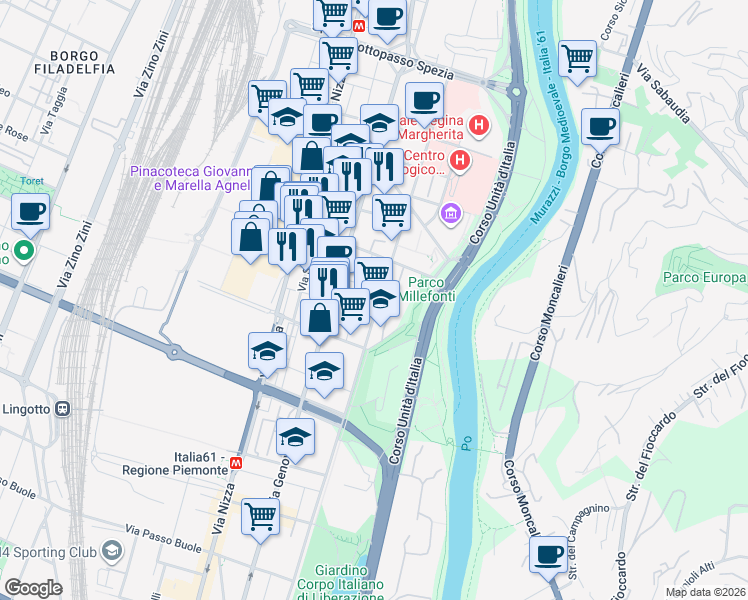 map of restaurants, bars, coffee shops, grocery stores, and more near 65 Via Ventimiglia in Torino