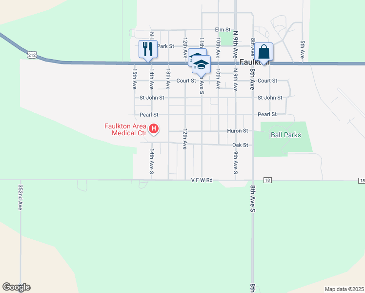 map of restaurants, bars, coffee shops, grocery stores, and more near 614 12th Avenue in Faulkton