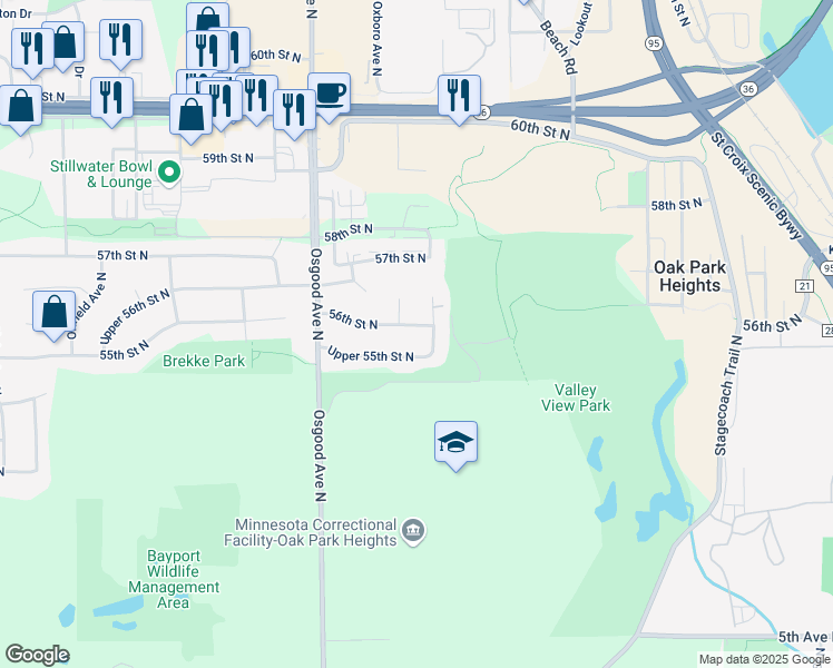 map of restaurants, bars, coffee shops, grocery stores, and more near 14923 56th Street North in Stillwater