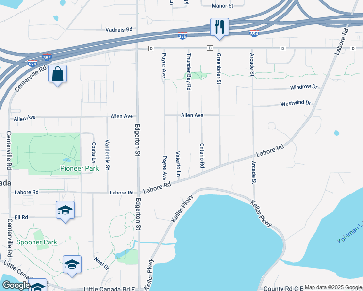 map of restaurants, bars, coffee shops, grocery stores, and more near 2947 Valento Lane in Little Canada