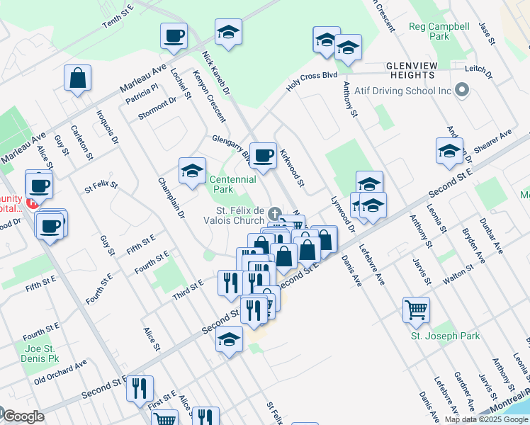map of restaurants, bars, coffee shops, grocery stores, and more near 605 Dundas Crescent in Cornwall