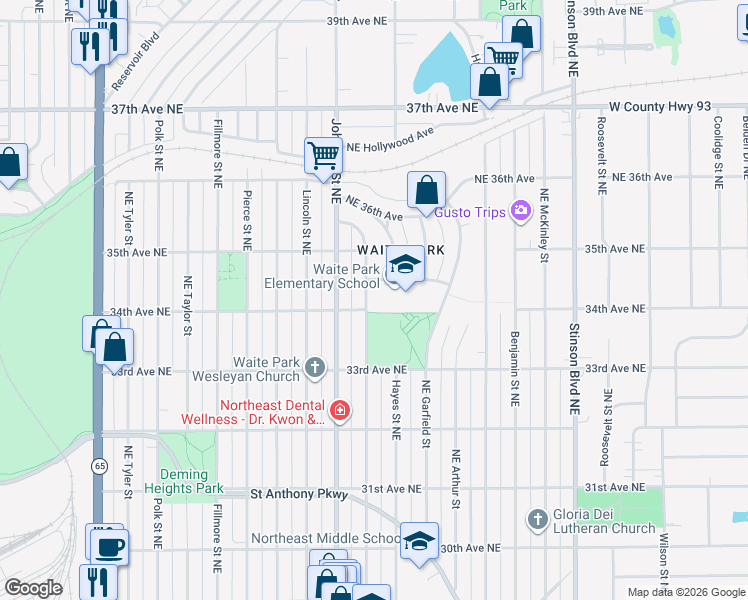 map of restaurants, bars, coffee shops, grocery stores, and more near 17 Ulysses Street Northeast in Minneapolis