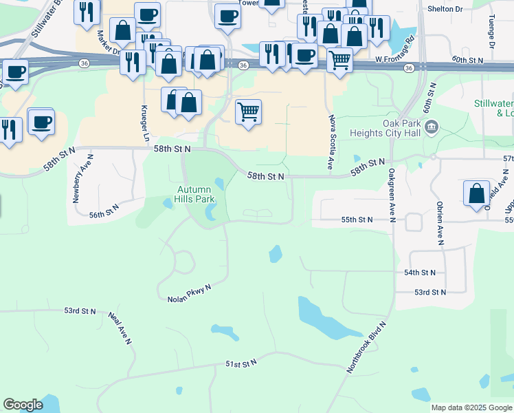 map of restaurants, bars, coffee shops, grocery stores, and more near 5610 Norwich Parkway in Stillwater