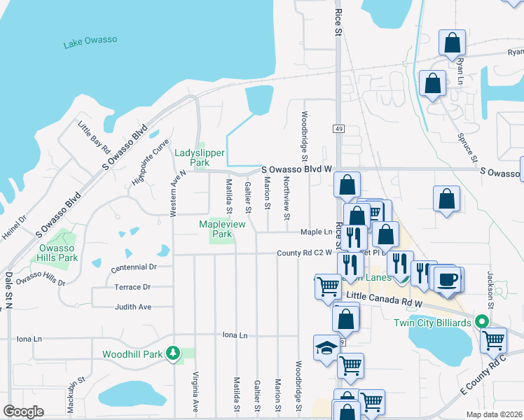 map of restaurants, bars, coffee shops, grocery stores, and more near 2943 Marion Street in Roseville
