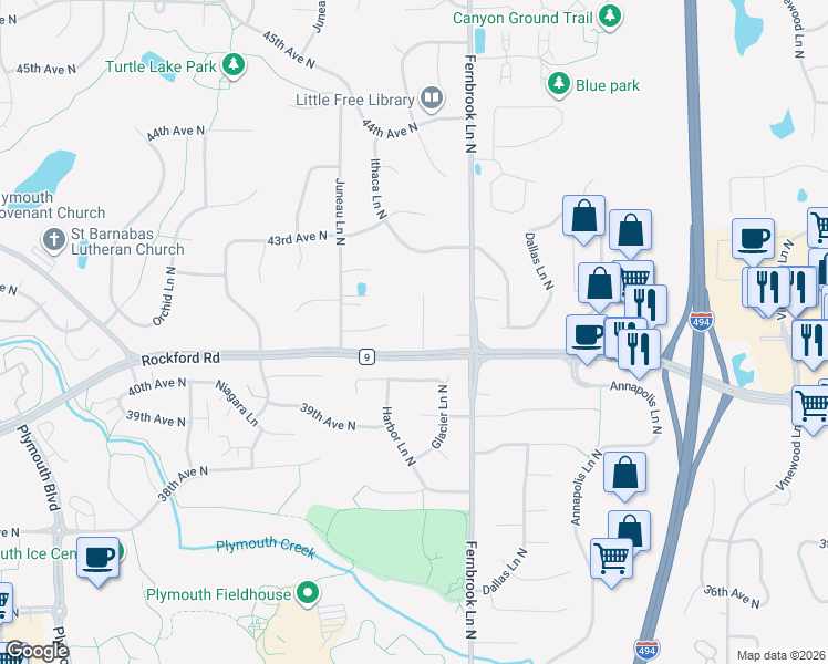 map of restaurants, bars, coffee shops, grocery stores, and more near 4055 Glacier Lane North in Plymouth