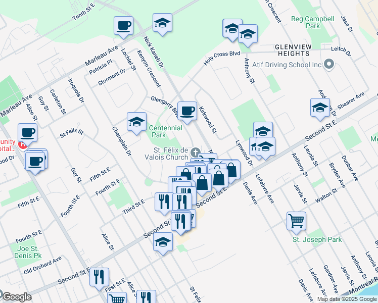 map of restaurants, bars, coffee shops, grocery stores, and more near 603 Dundas Crescent in Cornwall