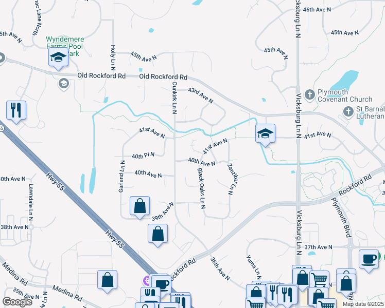 map of restaurants, bars, coffee shops, grocery stores, and more near 4117 Black Oaks Lane North in Plymouth