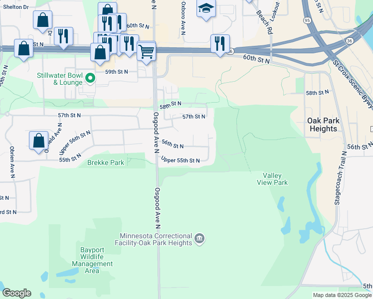 map of restaurants, bars, coffee shops, grocery stores, and more near 14867 56th Street North in Stillwater