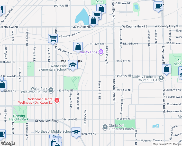 map of restaurants, bars, coffee shops, grocery stores, and more near 3400 Northeast Cleveland Street in Minneapolis