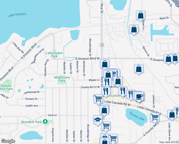 map of restaurants, bars, coffee shops, grocery stores, and more near 2941 Woodbridge Street in Roseville