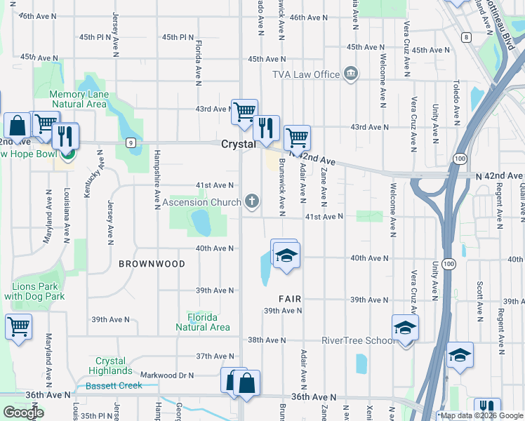 map of restaurants, bars, coffee shops, grocery stores, and more near 4100 Colorado Avenue North in Crystal