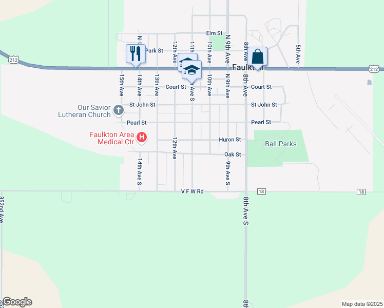 map of restaurants, bars, coffee shops, grocery stores, and more near Oak Street in Faulkton